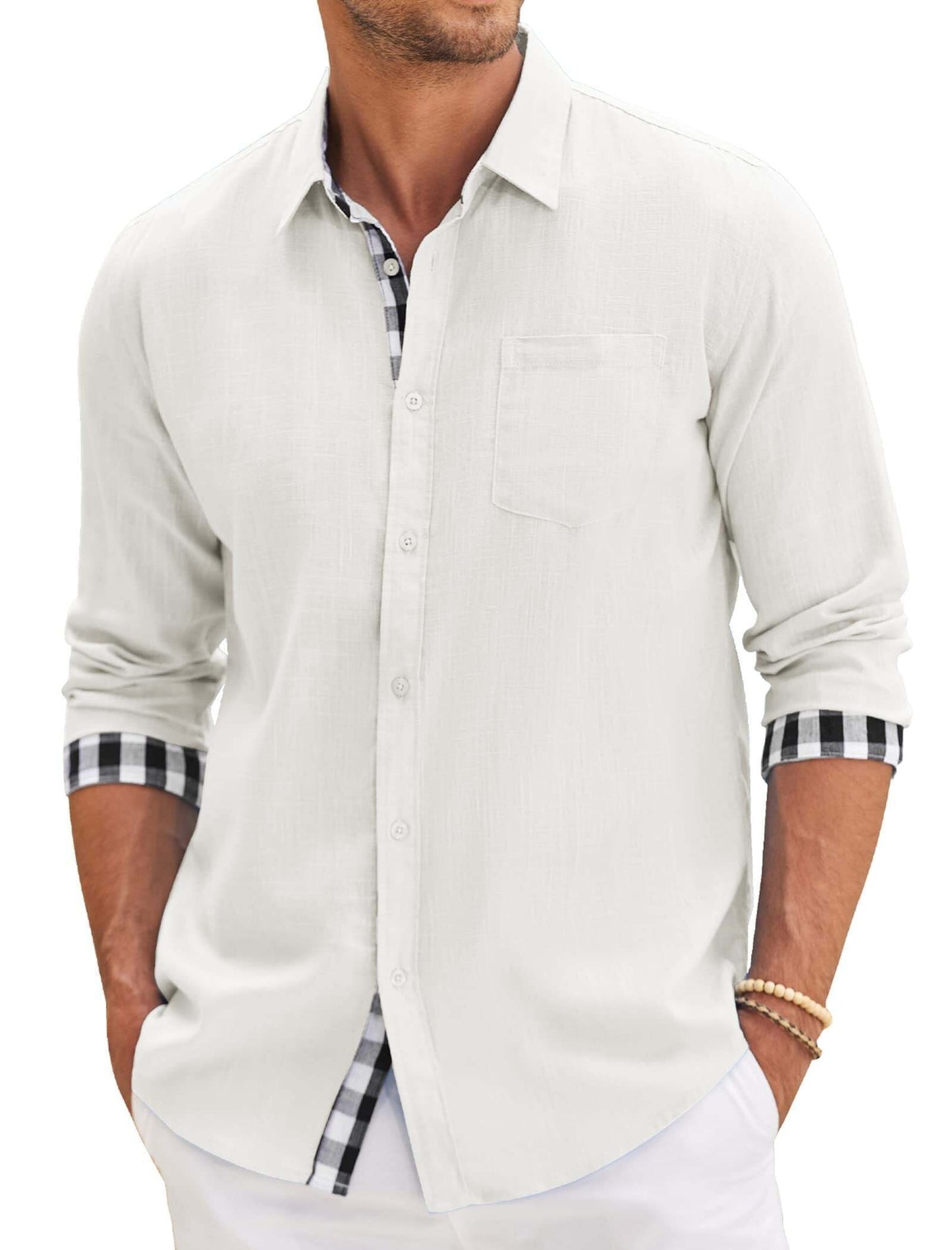 10-PARK Men's Cotton Aand Linen Simple Basic Plaid Pocket Classic Long-Sleeved Shirt